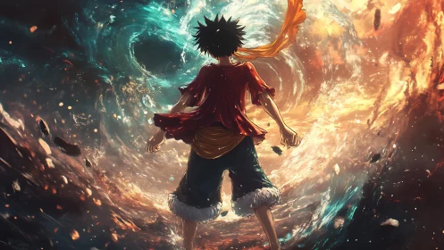 Lone anime hero confronts swirling cosmic storm of fire and sea