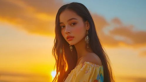 Portrait of young woman at warm coastal sunset glow.