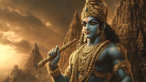 Divine blue deity with golden ornaments before ornate temples