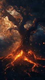 Infernal roots ablaze in cosmic darkness.