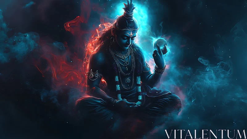 Divine cosmic yogi in blue red ethereal energy field.