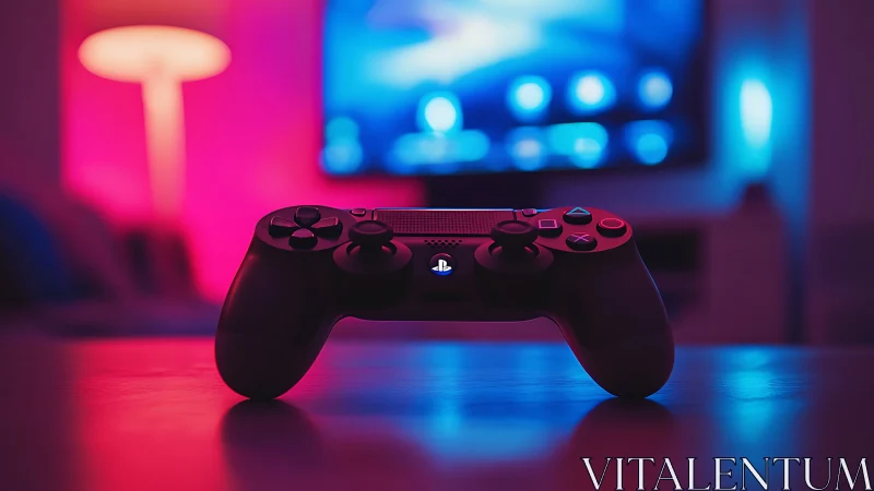 PlayStation Controller in Neon Gaming Environment.
