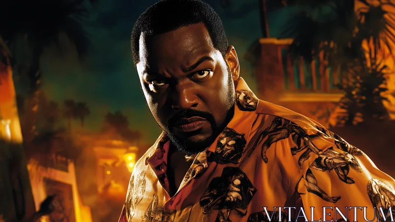 Intense tropical portrait under cinematic warm lighting.