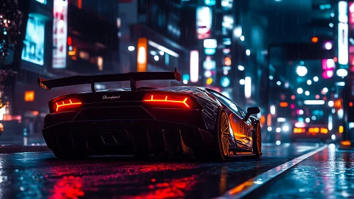 Cyberpunk supercar idles in neon-soaked nocturnal streetscape