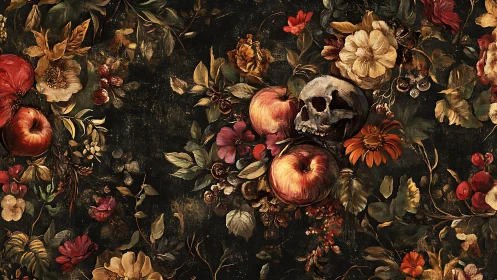 Baroque still life merges ripe fruit, florals, stark skull