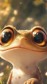 Wide eyed cartoon frog close up with soft golden bokeh.