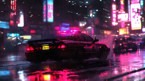 Police car in neon lit rainy city street at night scene.