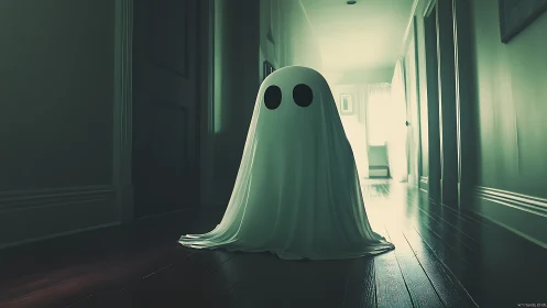 Ghost silhouette haunts moody hallway under soft light.