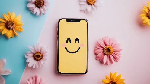 Happy Moments: A Cheerful Phone Surrounded by Blooms.