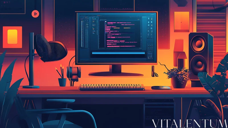 Glowing coding desk celebrates a cozy late night workspace