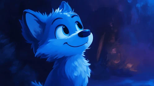 Blue cartoon wolf pup looks upward in soft night lighting