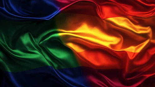 Lustrous rainbow flag waves in rich satin folds.