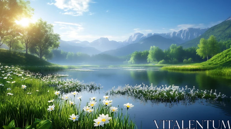 Luminous alpine lake landscape in hyperreal digital painting.