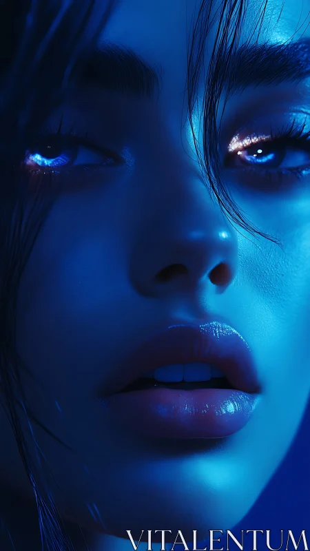 Neon-illuminated cybernetic gaze in hyperreal blue portrait.