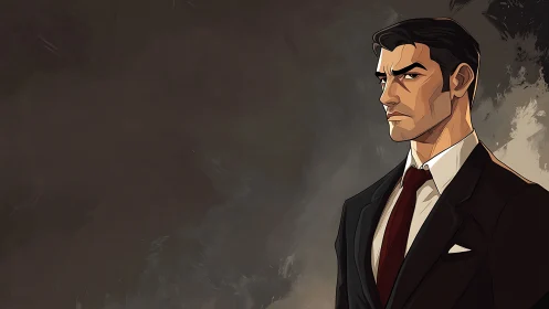 Sharp-suited figure against smoky city shadows backdrop.
