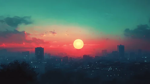 Sunset glow over a dreaming city skyline at dusk.