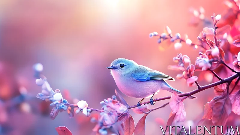 Delicate bluebird on pastel branch in dreamy, soft-focus style.