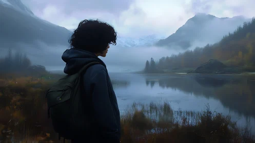 Solitary hiker contemplates a misty mountain lake at dawn