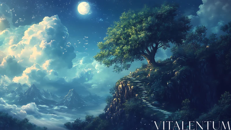 Moonlit cliffside tree crowns luminous fantasy landscape.