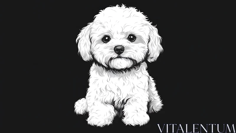 High-contrast digital portrait of fluffy white puppy on black