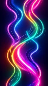 Curved multicolor neon light trails traverse a dark field