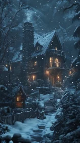 Snowbound forest cottage with glowing winter windows.
