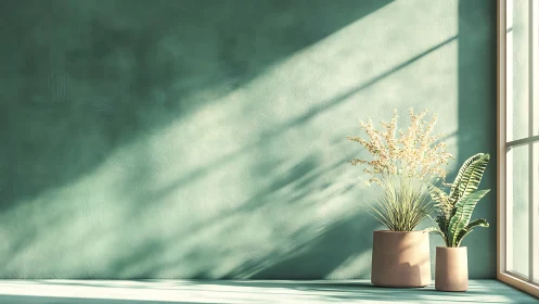 Sunlit potted plants beside pastel green interior wall.