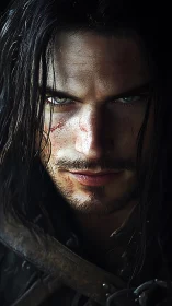 Battle-worn man stares forward with intense, narrowed gaze