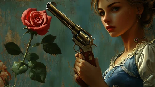 Digital painting of armed woman with rose, baroque chiaroscuro.