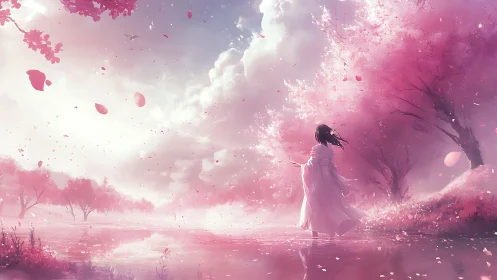 Girl in white standing in pink cherry blossom landscape.
