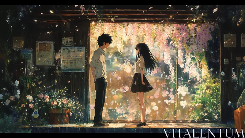 Two students standing in floral-lit wooden station interior.