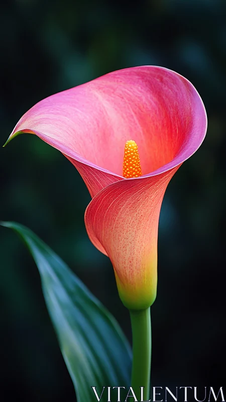 Pink Calla Lily in Elegant Bloom Against Dark Botanical Background.