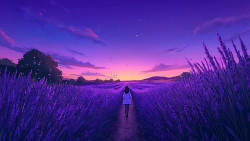Girl walks through twilight lavender fields toward stars.