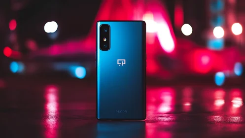Blue smartphone product display against blurred urban neon lighting backdrop