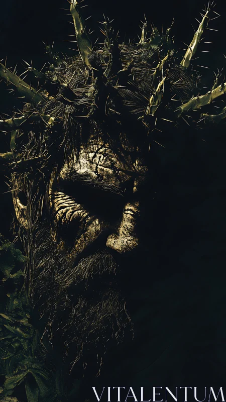 Dark thorned male face emerging from shadowed background.