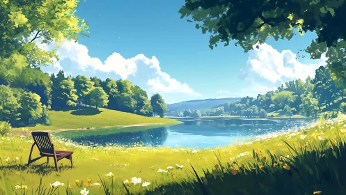 Lakeside meadow landscape with chair under bright sky.