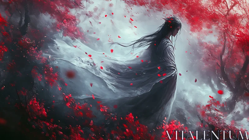 Spectral wanderer in crimson forest under turbulent petals.
