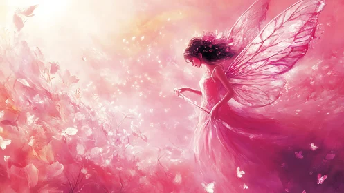 Blush-winged twilight fairy drifting through petal storms.