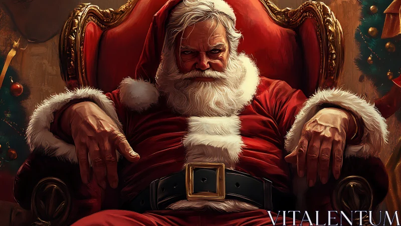 Gritty Santa Claus rests on ornate throne-like red armchair