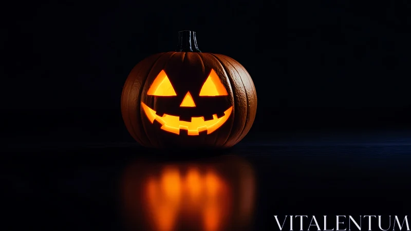 Illuminated carved pumpkin jack o lantern on dark surface.