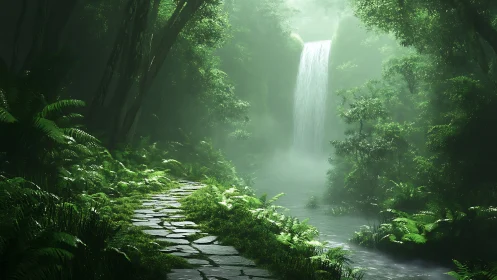 Luminous Forest Waterfall Cascade with Mystical Ambient Lighting