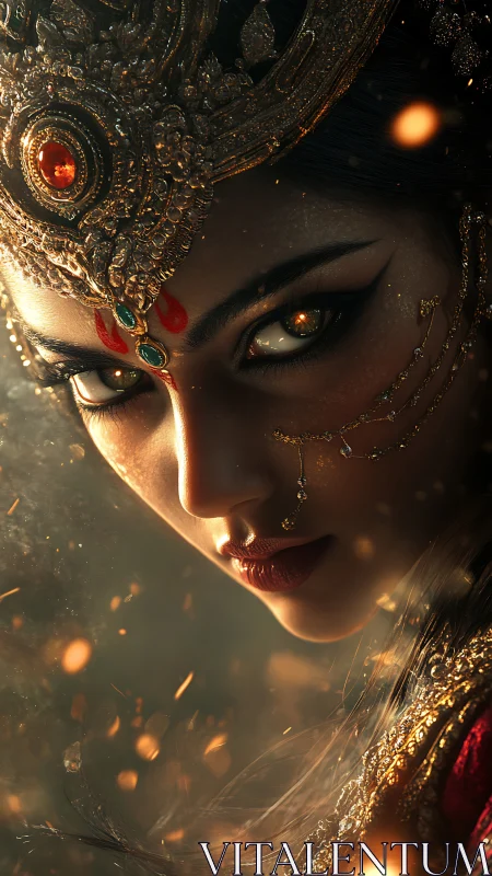 Profile view of ornate bejeweled headdress and painted face.