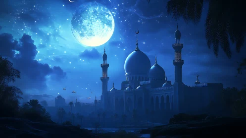 Moonlit blue mosque skyline under a bright night sky.