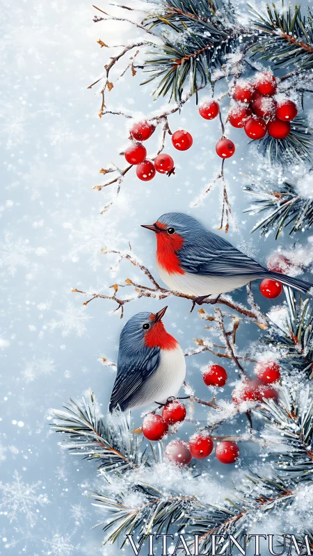 Red-breasted songbirds perch on snowy pine and berry branches