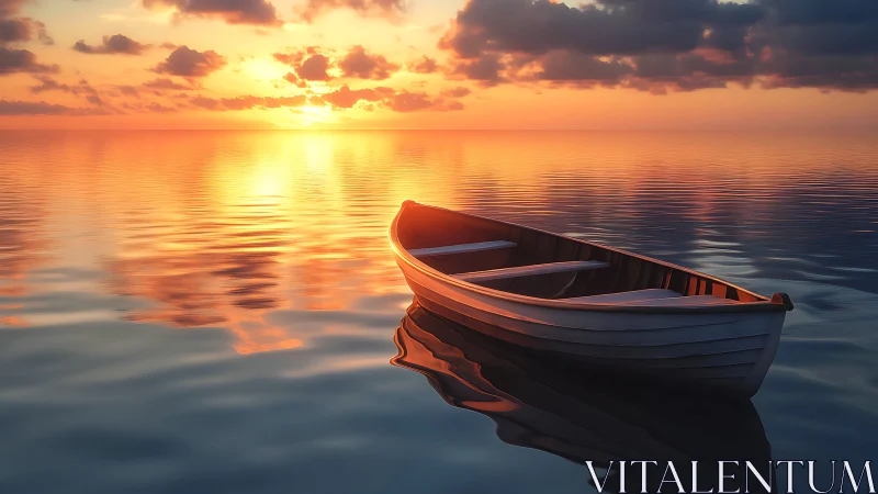 Solitary wooden rowboat drifts across a luminous sunset sea