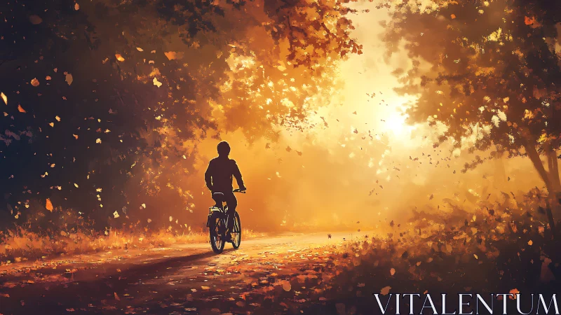 Cyclist navigating autumn woodland tunnel with volumetric golden light rendering
