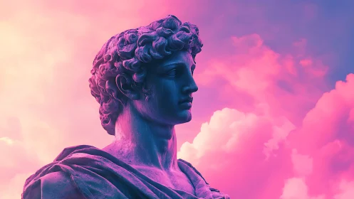 Classical bust rendered against gradient pink cloud sky