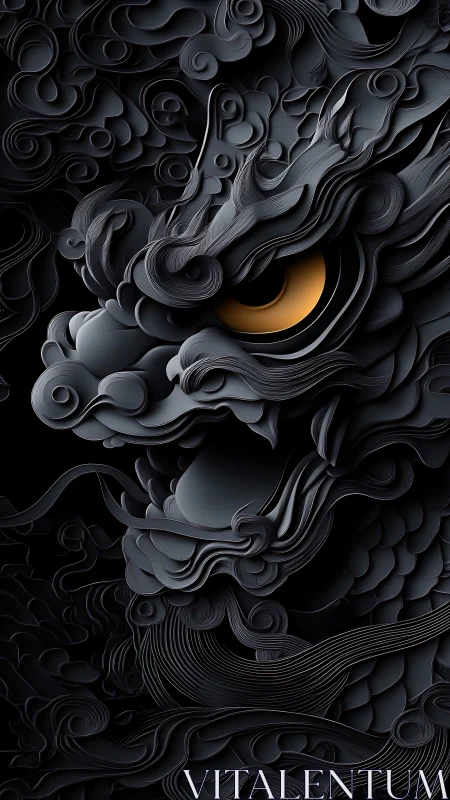 Ebony layered dragon relief with glowing amber eye profile.