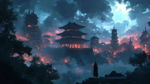 Lone ronin watches burning mountain temples in stormlight.