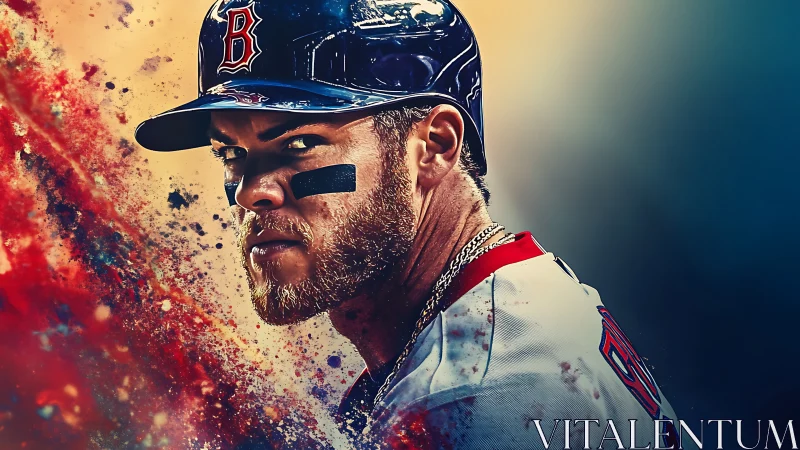 Grit-eyed slugger in explosive color storm of baseball focus.